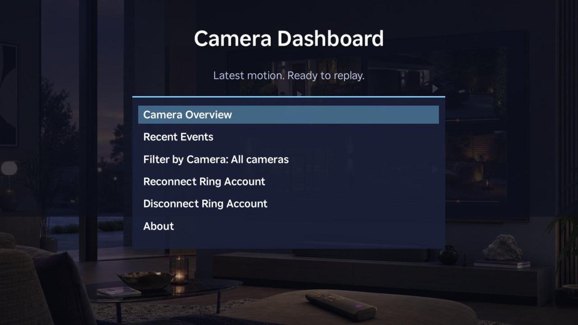 Camera Dashboard Roku menu with Camera Overview selected